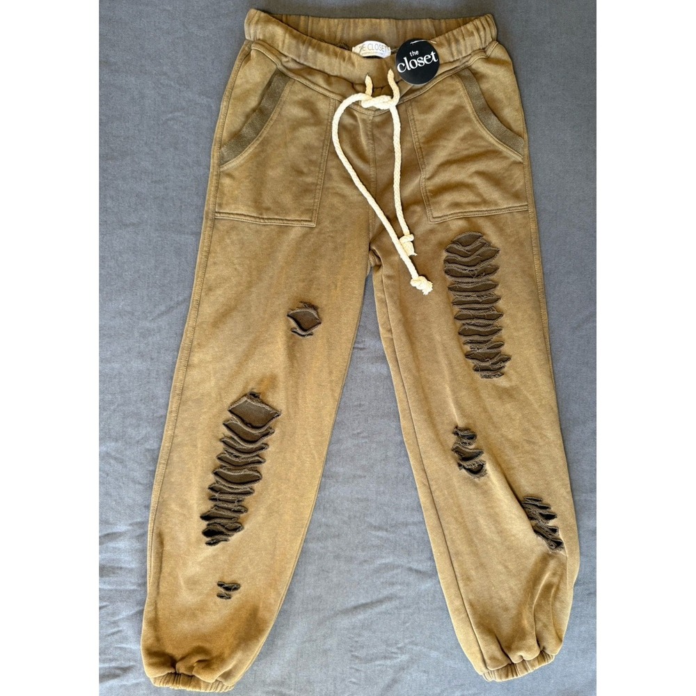 NWT The Closet Distressed Jogger Pants Tan Brown Y2K Sweatpants Unisex Small